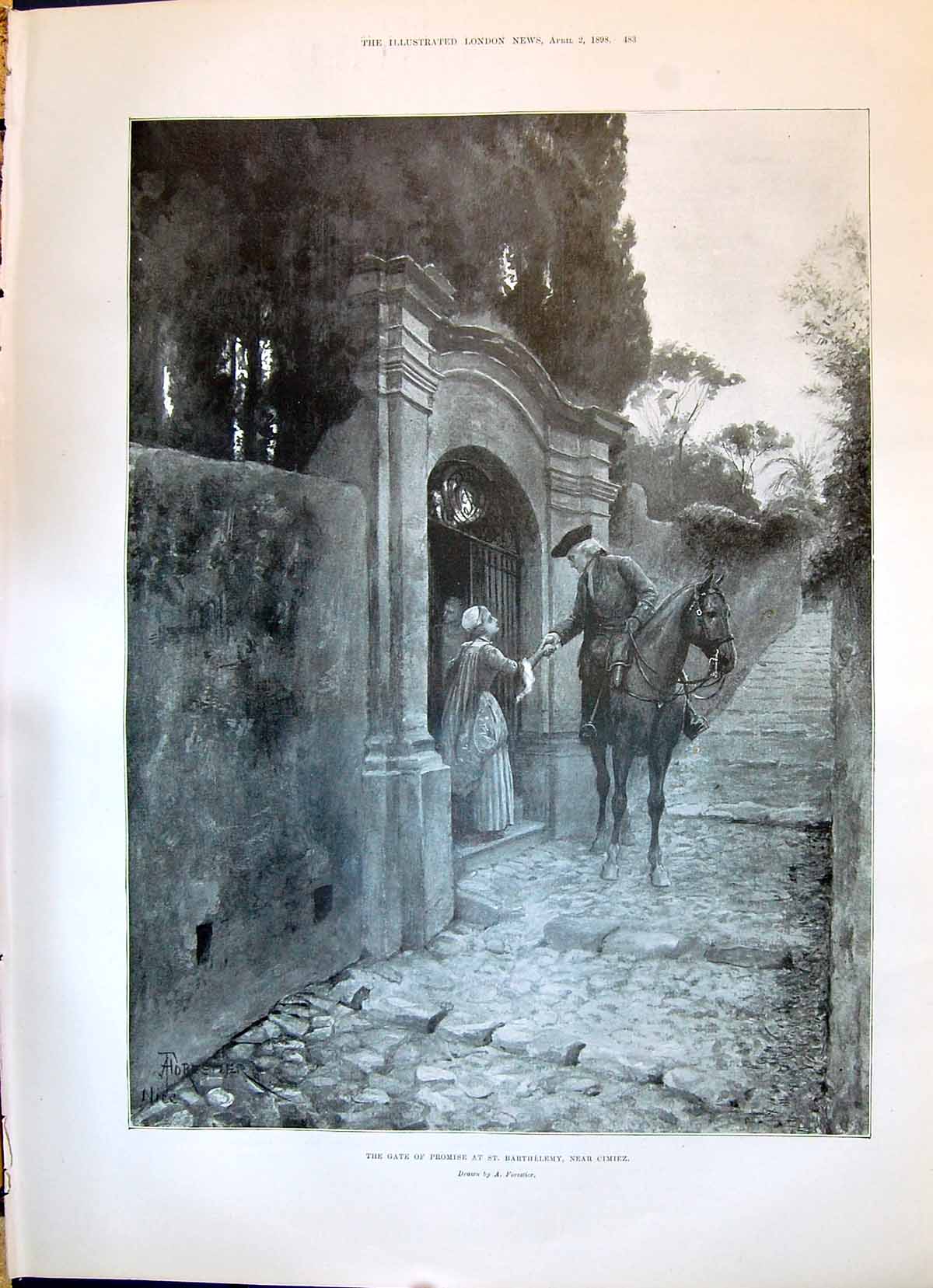 Old 1898 Gate Promise St. Barthelemy Cimiez Man Lady Horse Forestier Victorian