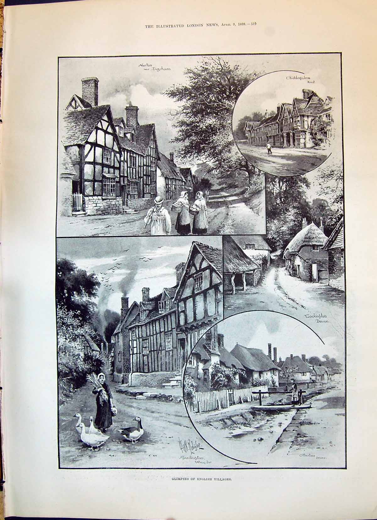 Old 1898 English Village Scene Norton Evesham Chiddingstone Kent Otte Victorian