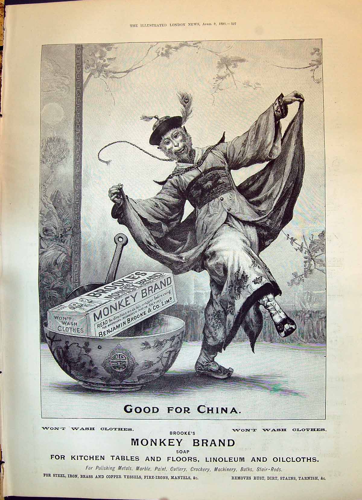 Old Print 1898 Advertisement Benjamin Brooke'S Monkey Brand Washing Soap 19th