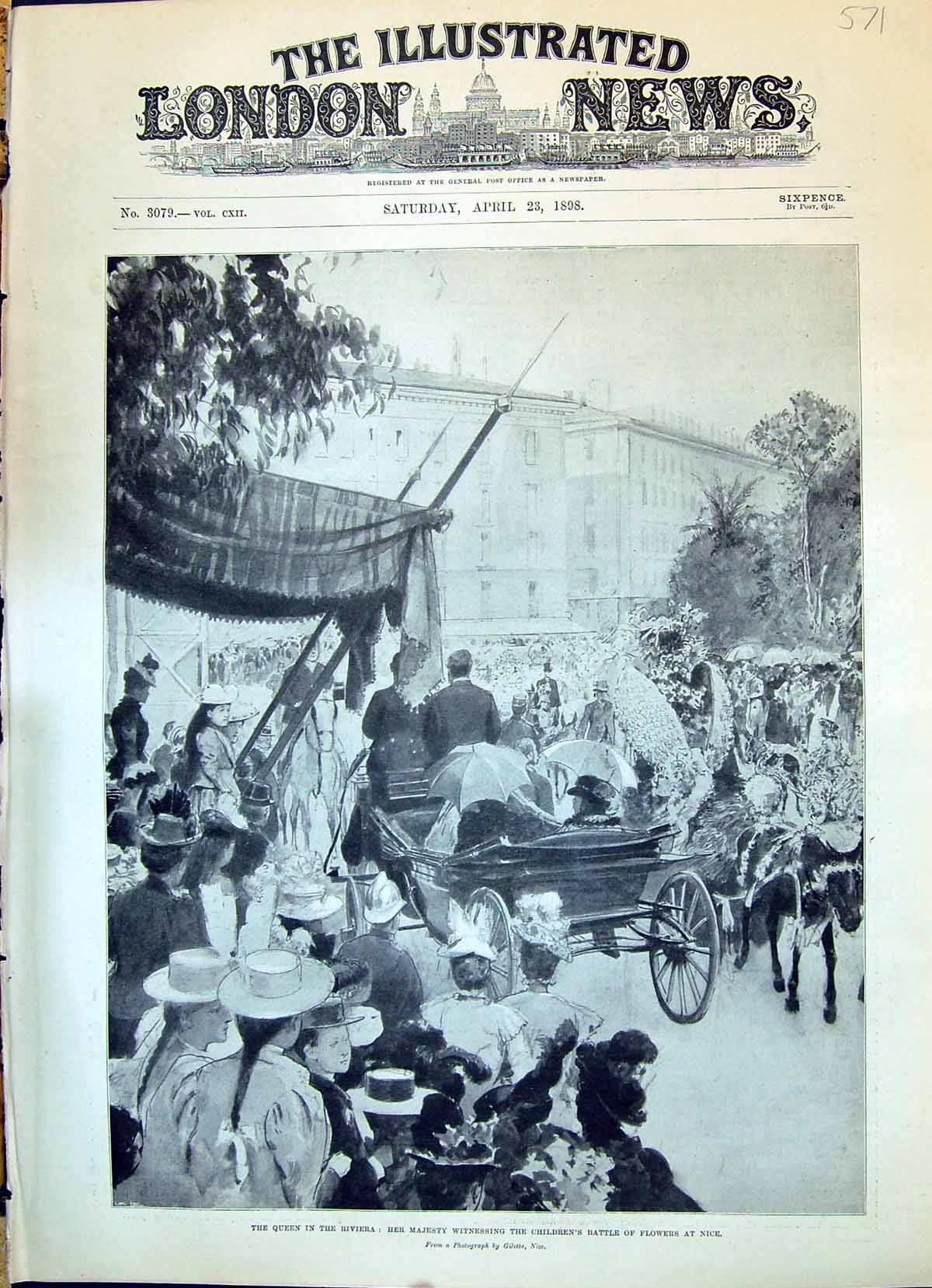 Old Print 1898 Queen Victoria Riviera Children Battle Flowers Nice France 19th