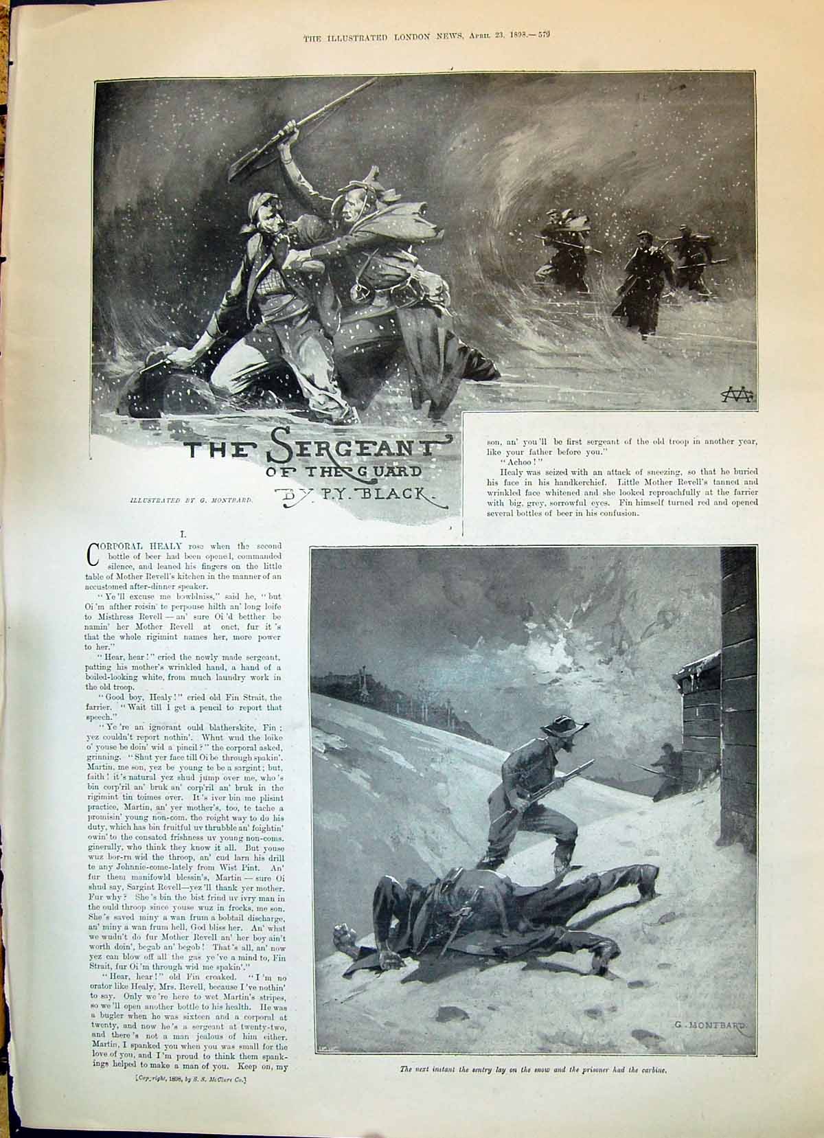 Old Print 1898 Story Illustration Sergeant Guard Siers Battle Snow Montb 19th