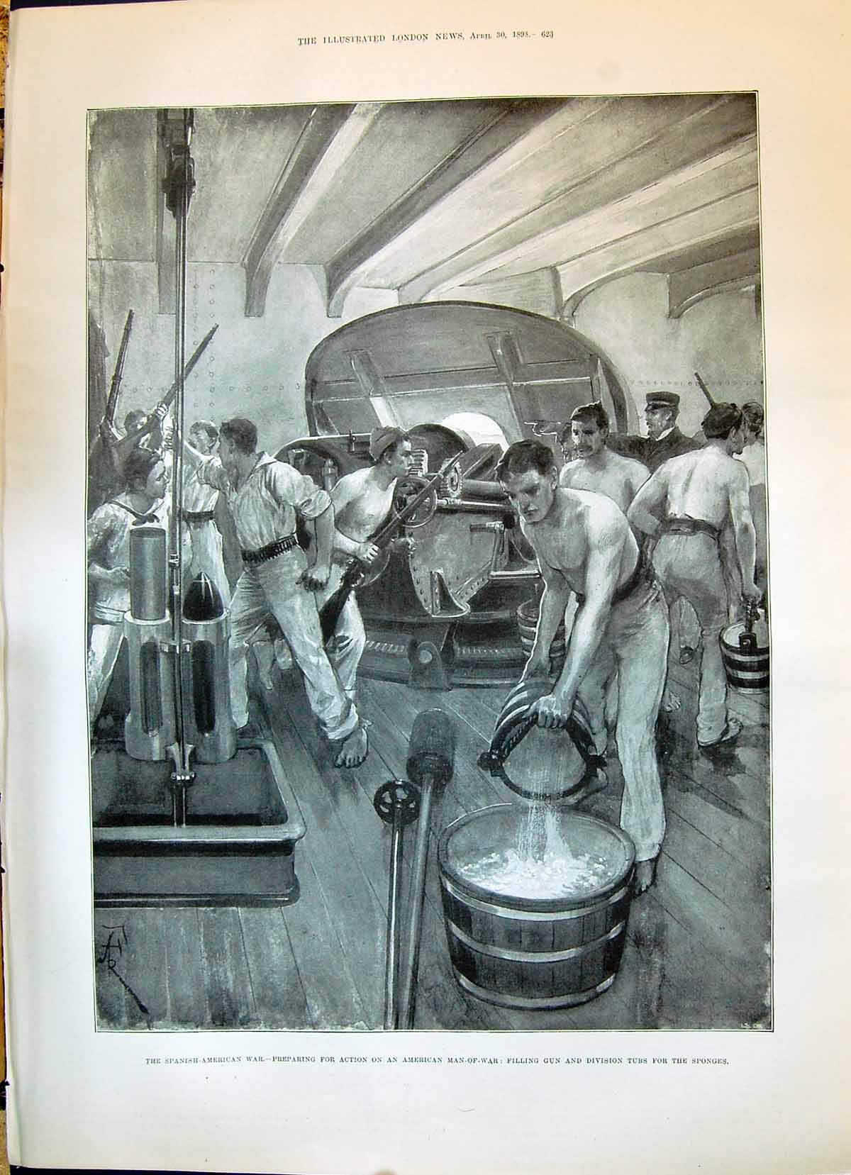 Old 1898 Spanish American War Man--War Ship Filling Gun Division Tubs Victorian