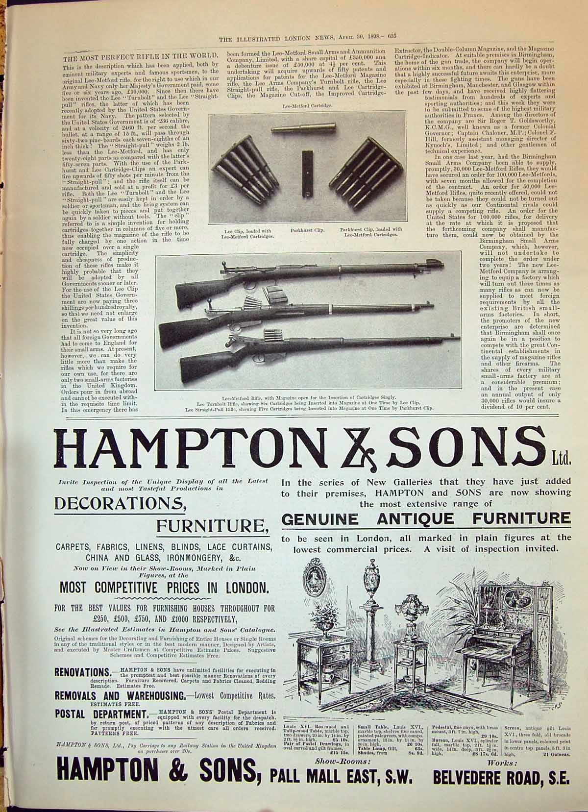 Old 1898 Hampton Sons Furniture Lee-Metford Rifle Parkhurst Lee Turnb Victorian