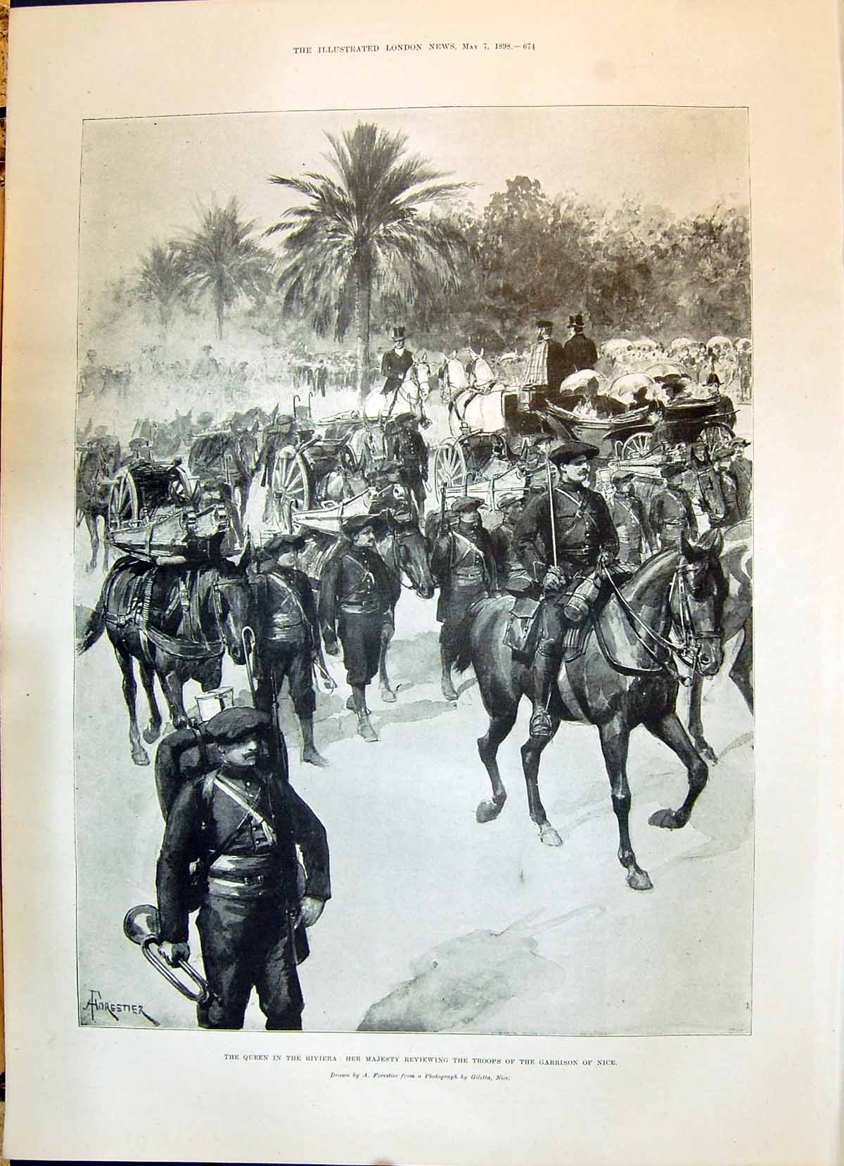 Old Print Queen Victoria Riviera Reviewing Troops Garrison Nice Siers Ho