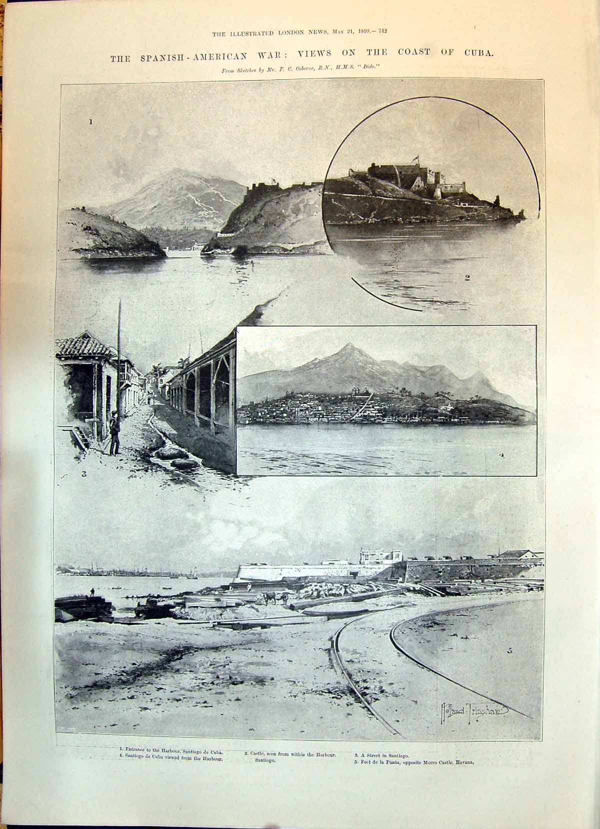 Old 1898 Spanish American War Cuba Harbour Santiago Havana Ship Nashv Victorian