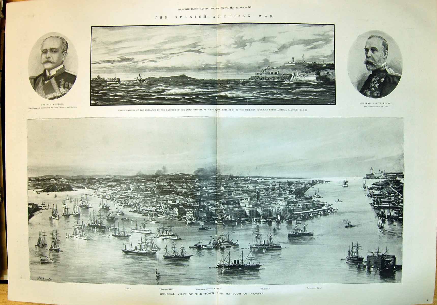 Old 1898 Spanish American War Blanco Montojo Ship Harbour Havana Alfo 19th