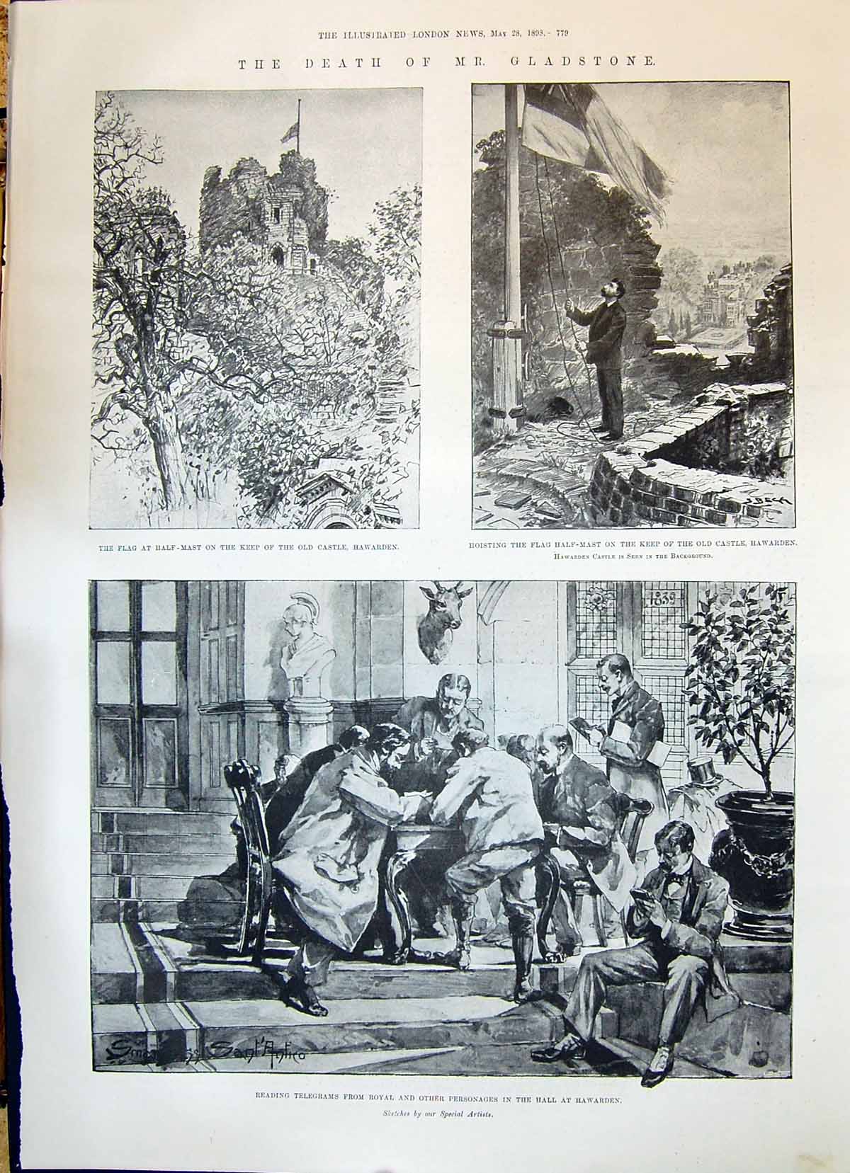 Old 1898 Death Gladstone Hoisitng Flag Half-Mast Castle Hawarden Read Victorian