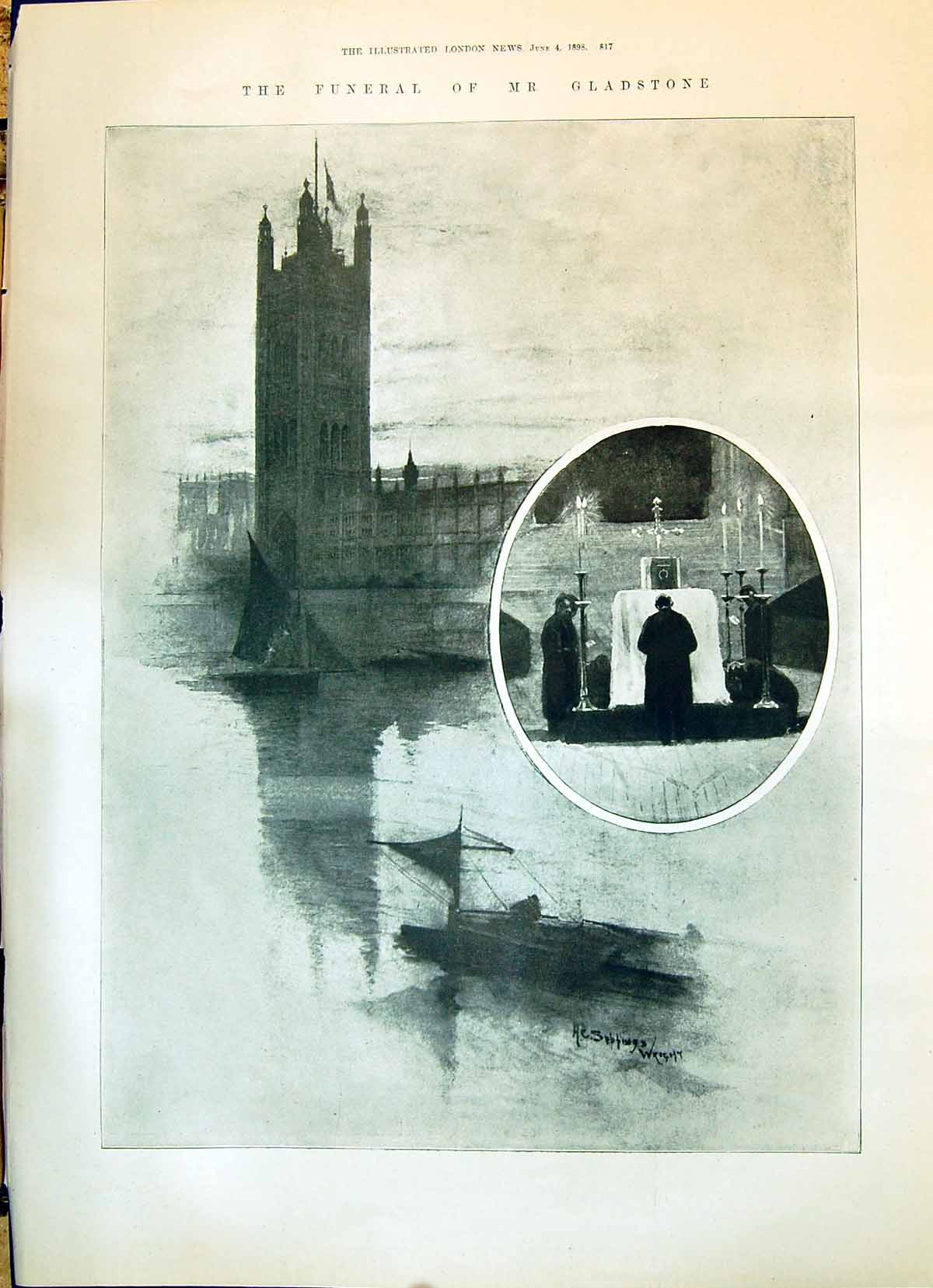 Old 1898 Funeral Gladstone Westminster River Thames Processsion Hawar Victorian