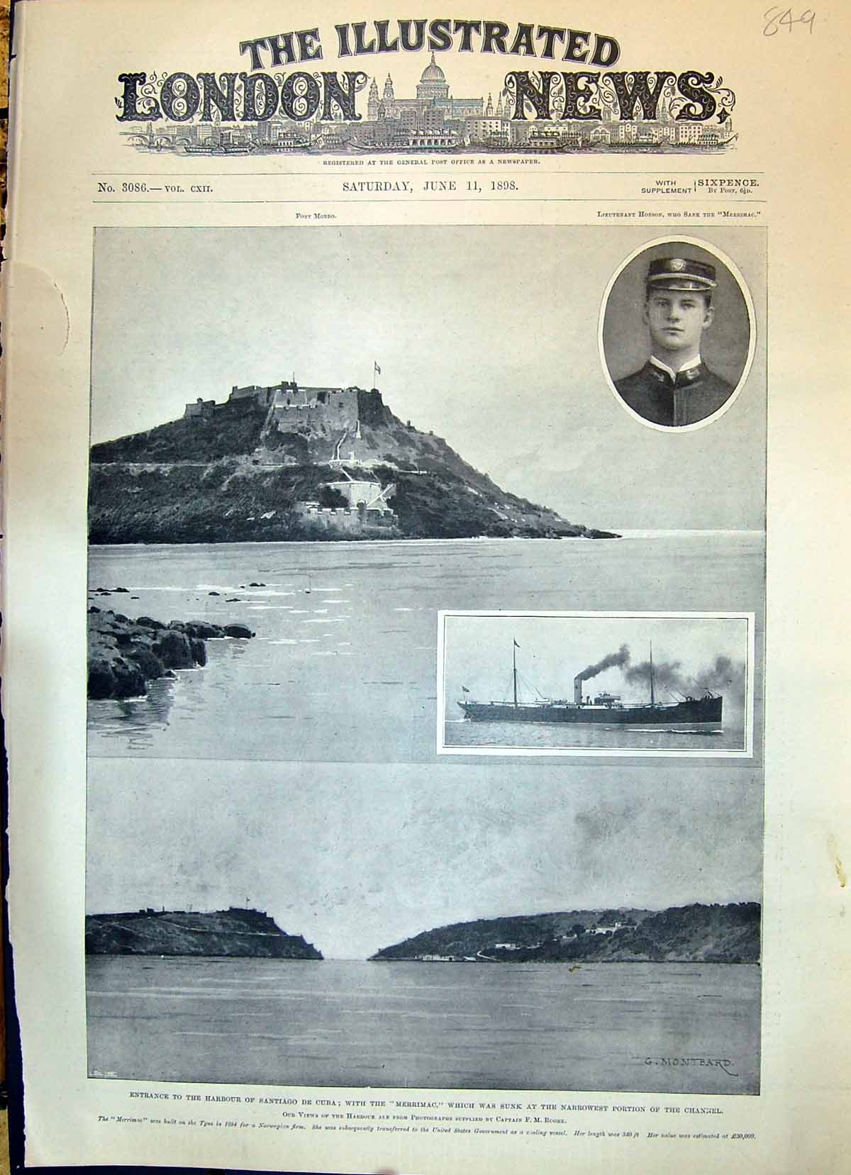 Old 1898 Harbour Santiago Cuba Merrimac Ship Fort Morro Lieutenant Ho Victorian