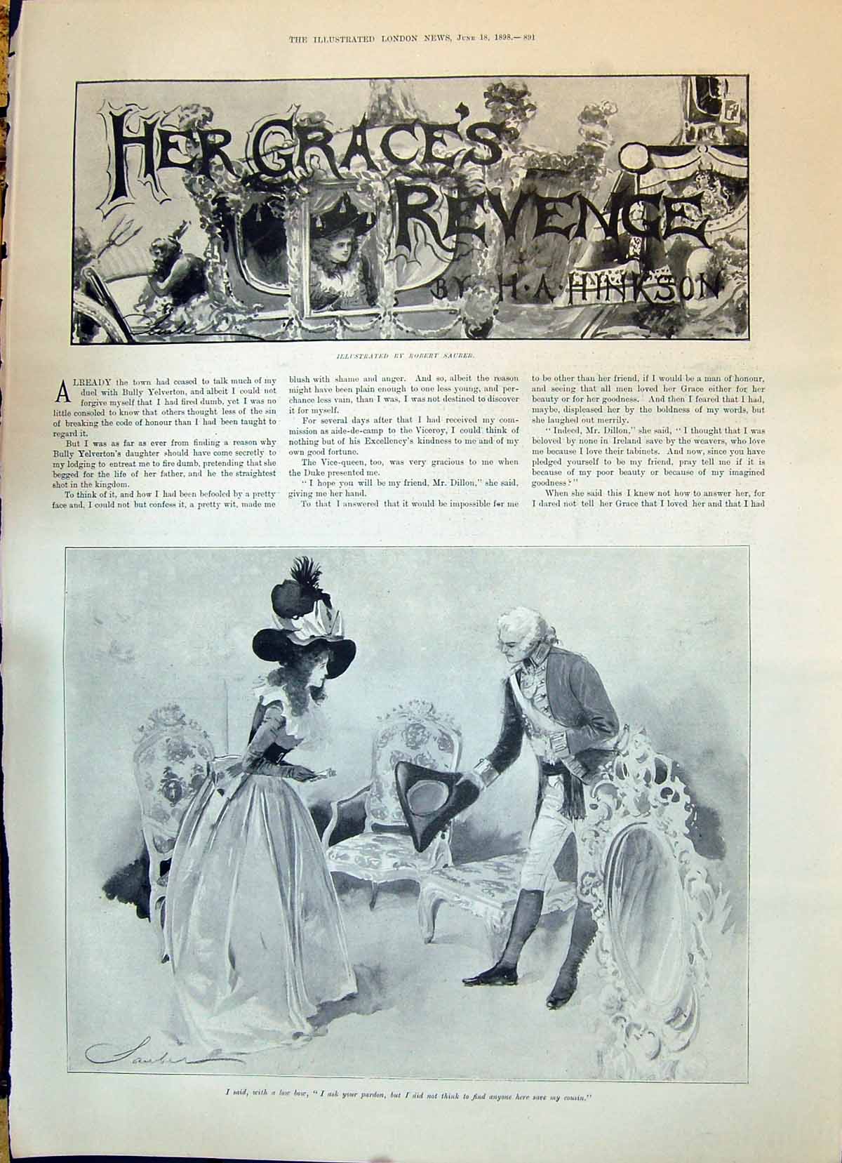 Old 1898 Illustration Story Her Grace'S Revenge Romance Man Lady Robe Victorian