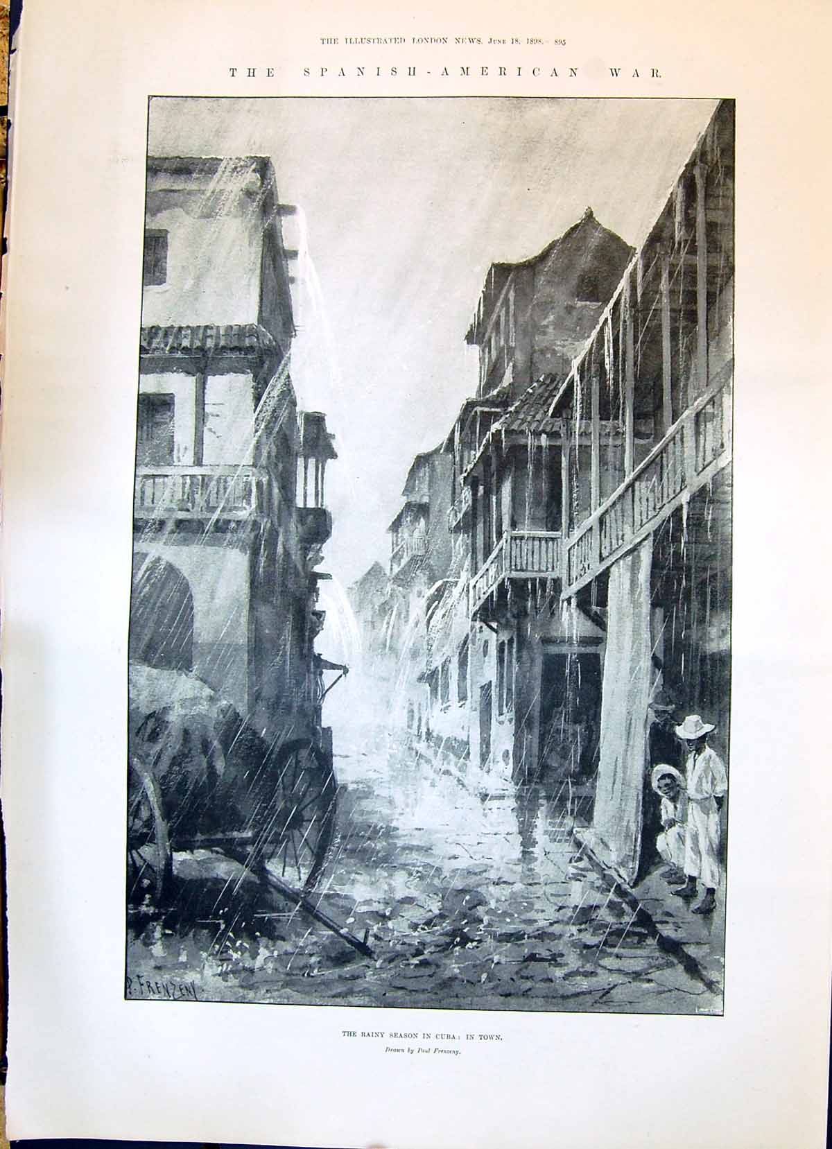 Antique Old Print Spanish American War Rainy Season Street Scene Cuba 1898 19th