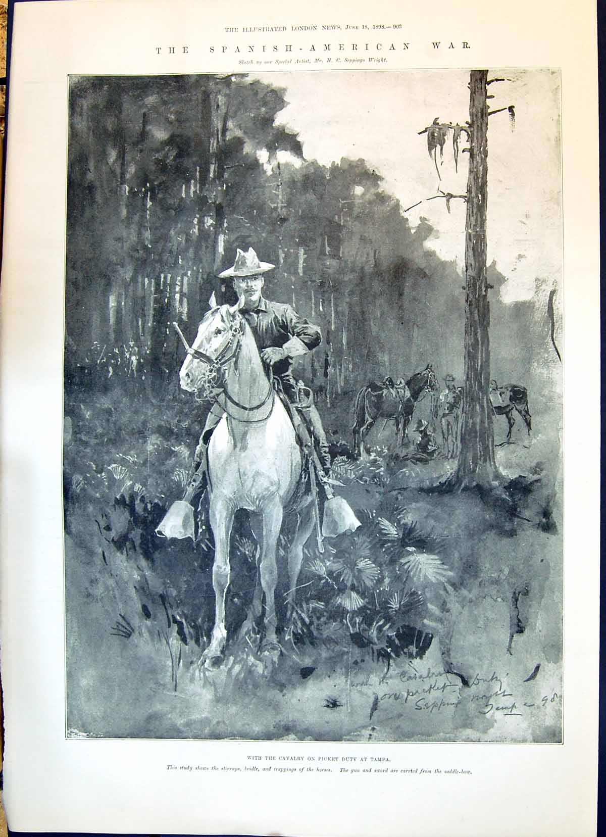 Old Print 1898 Spanish American War Cavalry Picket Duty Tampa Horses Sie 19th