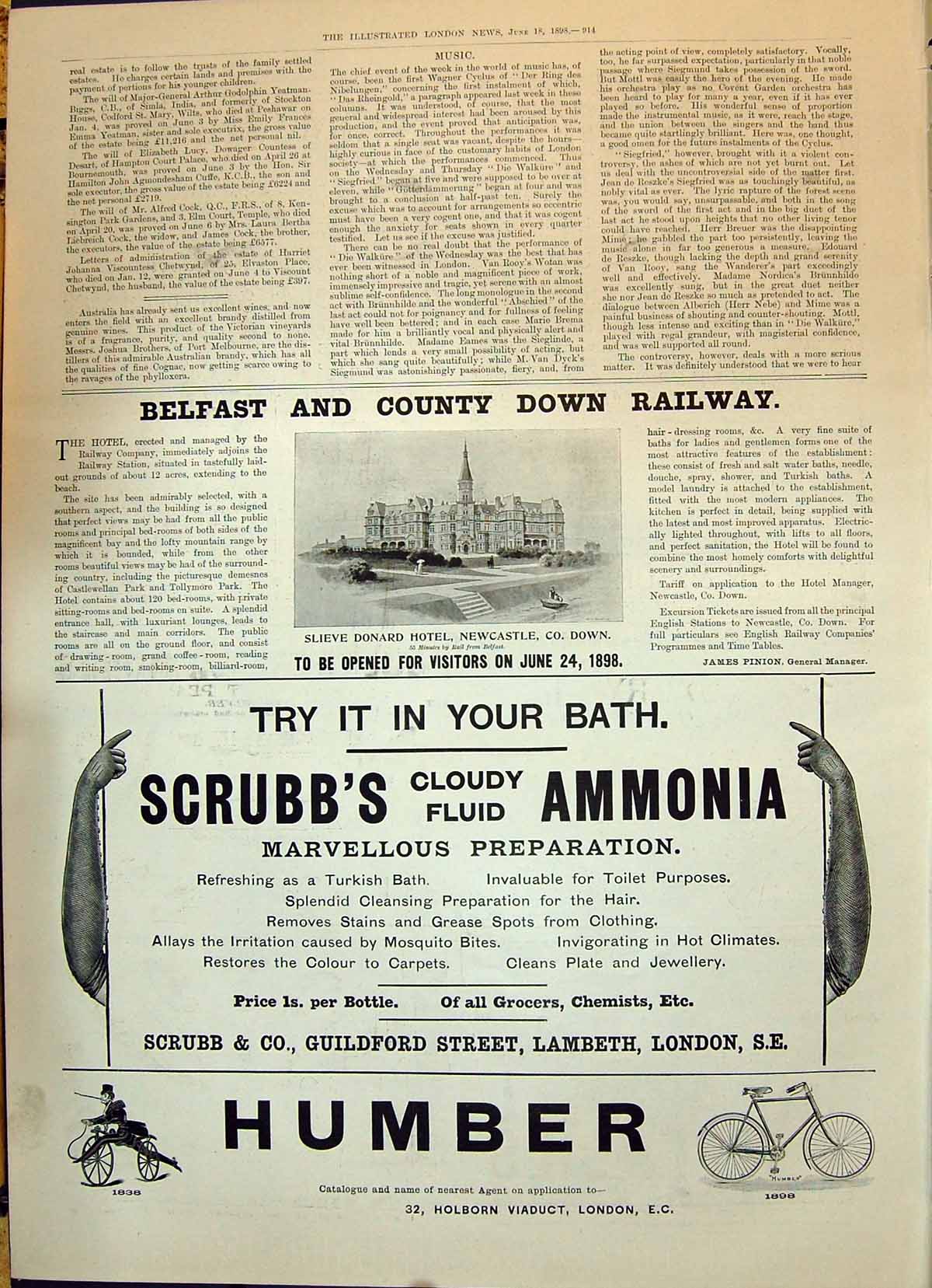 Old Print 1898 Slieve Donard Hotel Newcastle Scrubbs Ammonia Humber Cycle 19th