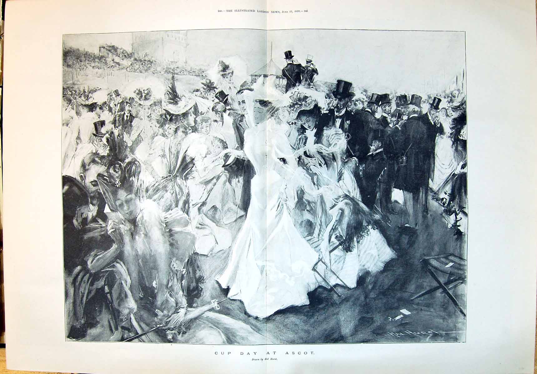 Original Old Antique Print 1898 Cup Day Ascot Horse Racing Sport Spectators