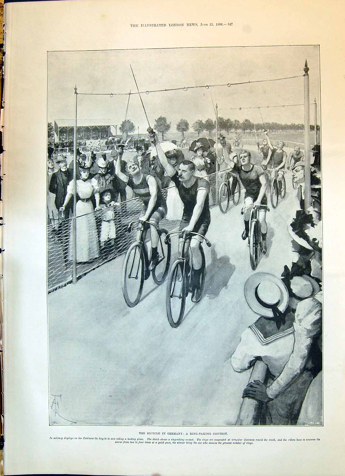Old Antique Print 1898 Bicycle Sport Germany Ring-Taking Contest Cycling 19th