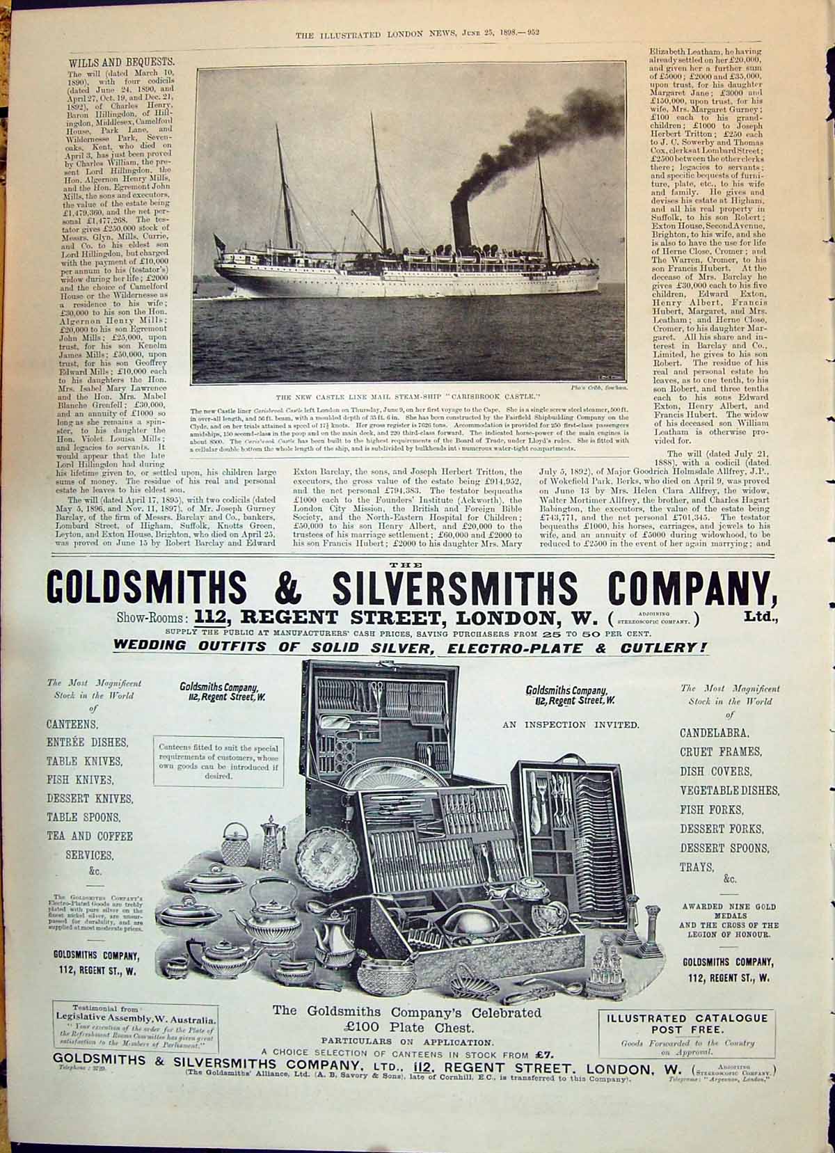 Old Print Castle Line Mail Steam Ship Carisbrook Castle 1898 Gsmith Silv 19th