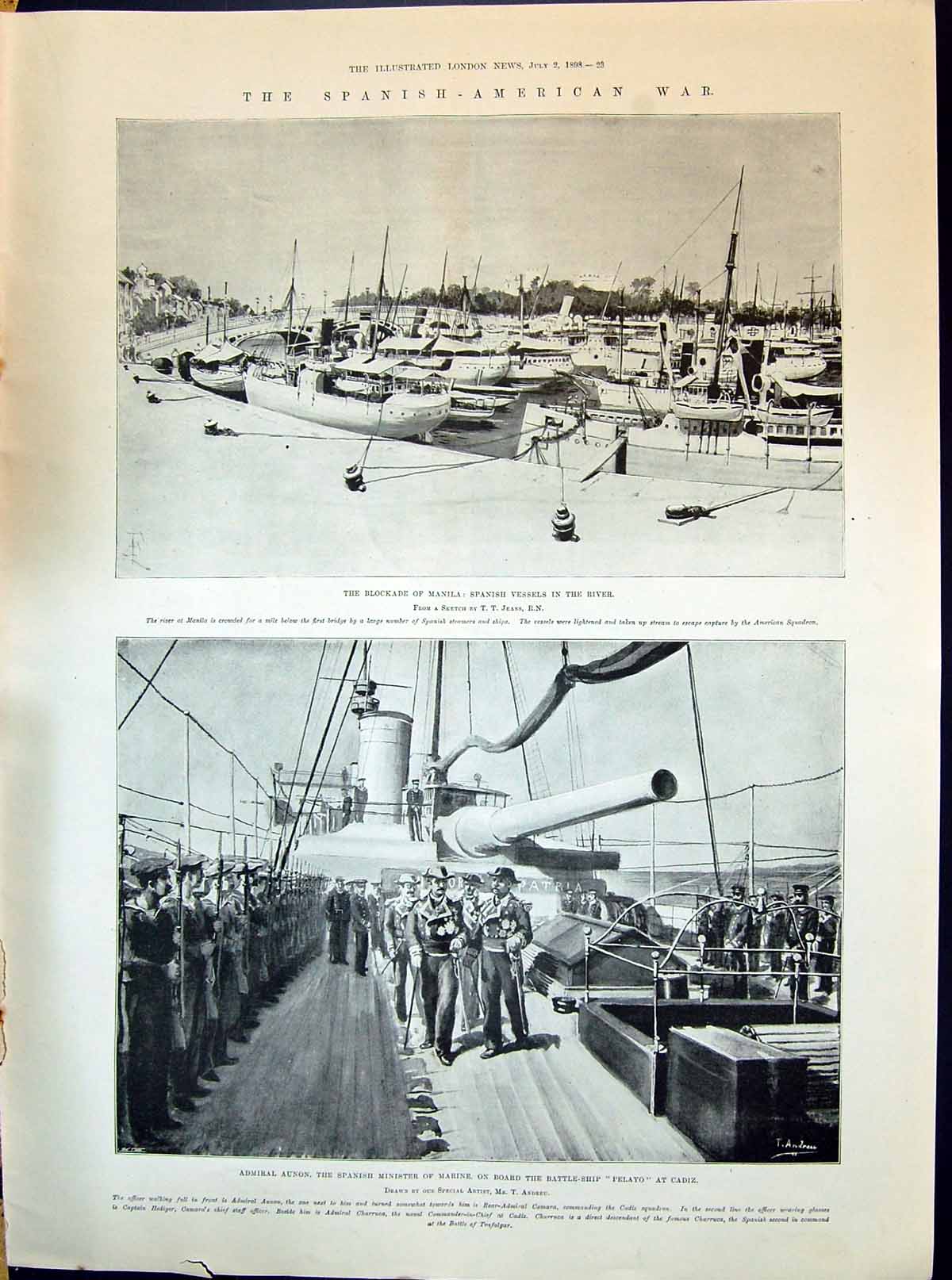 Old 1898 Spanish American War Manila Aunon Ship Pelayo Cadiz Howe Bat Victorian