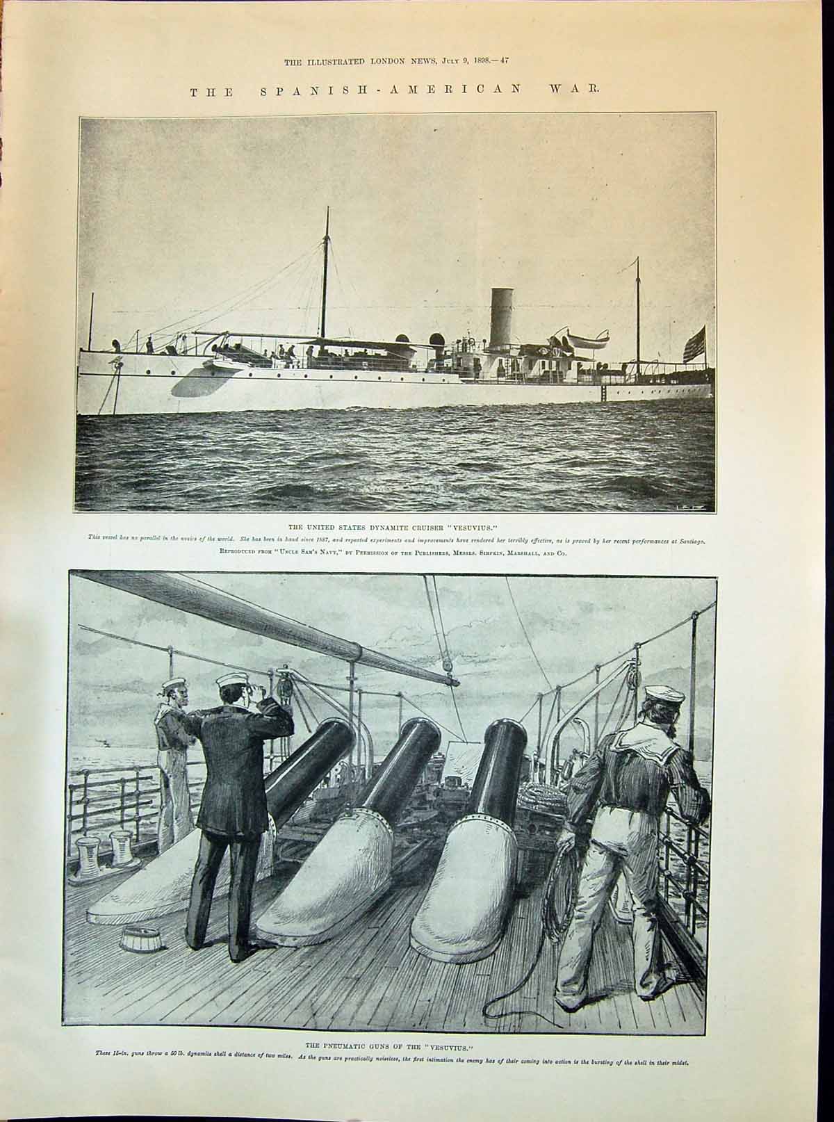 Old Antique Print 1898 America Ship Vesuvius Pneumatic Guns Rifle Team Bi 19th