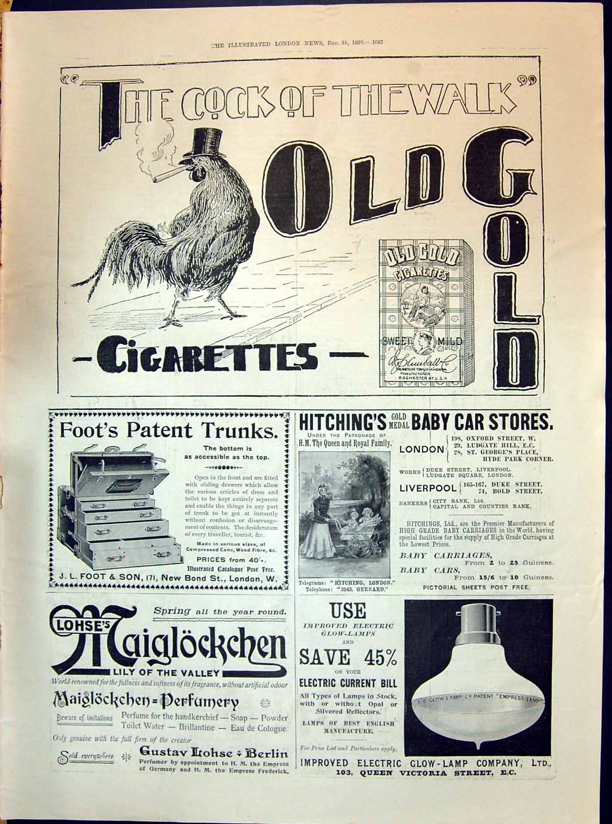 Antique Old Print 1898 Advertisement GCigarettes Hitchings Foot Patent Trun