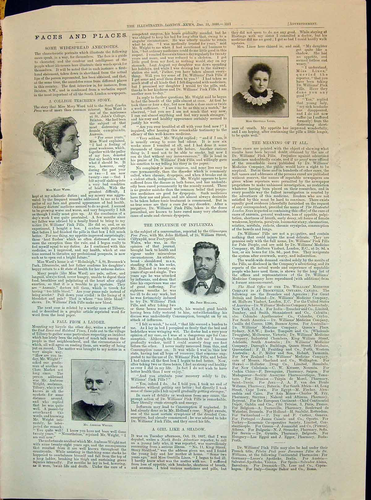 Antique Old Print 1898 Gentilla Lines Mary Ward John Holland Ambrose Wright