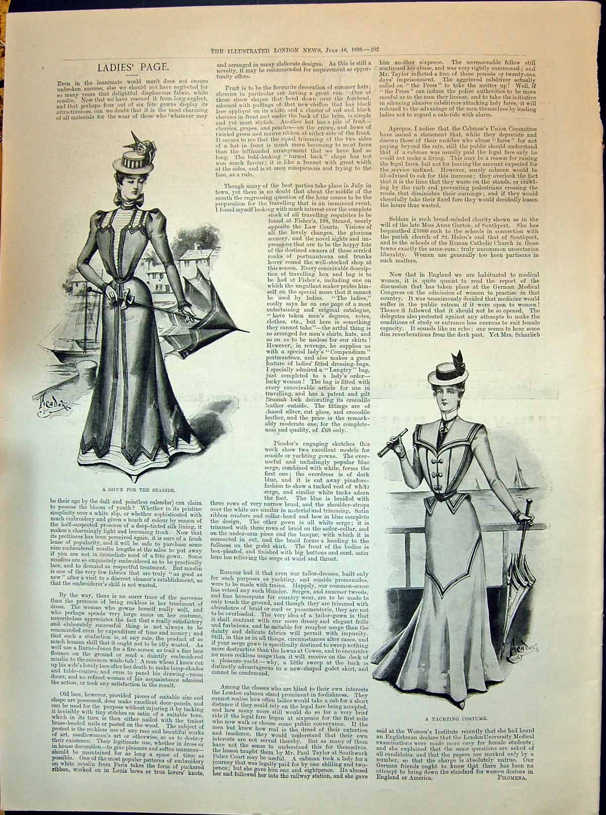 Antique Old Print 1898 Ladies Fashion Seaside Gown Yachting Costume Umbrella