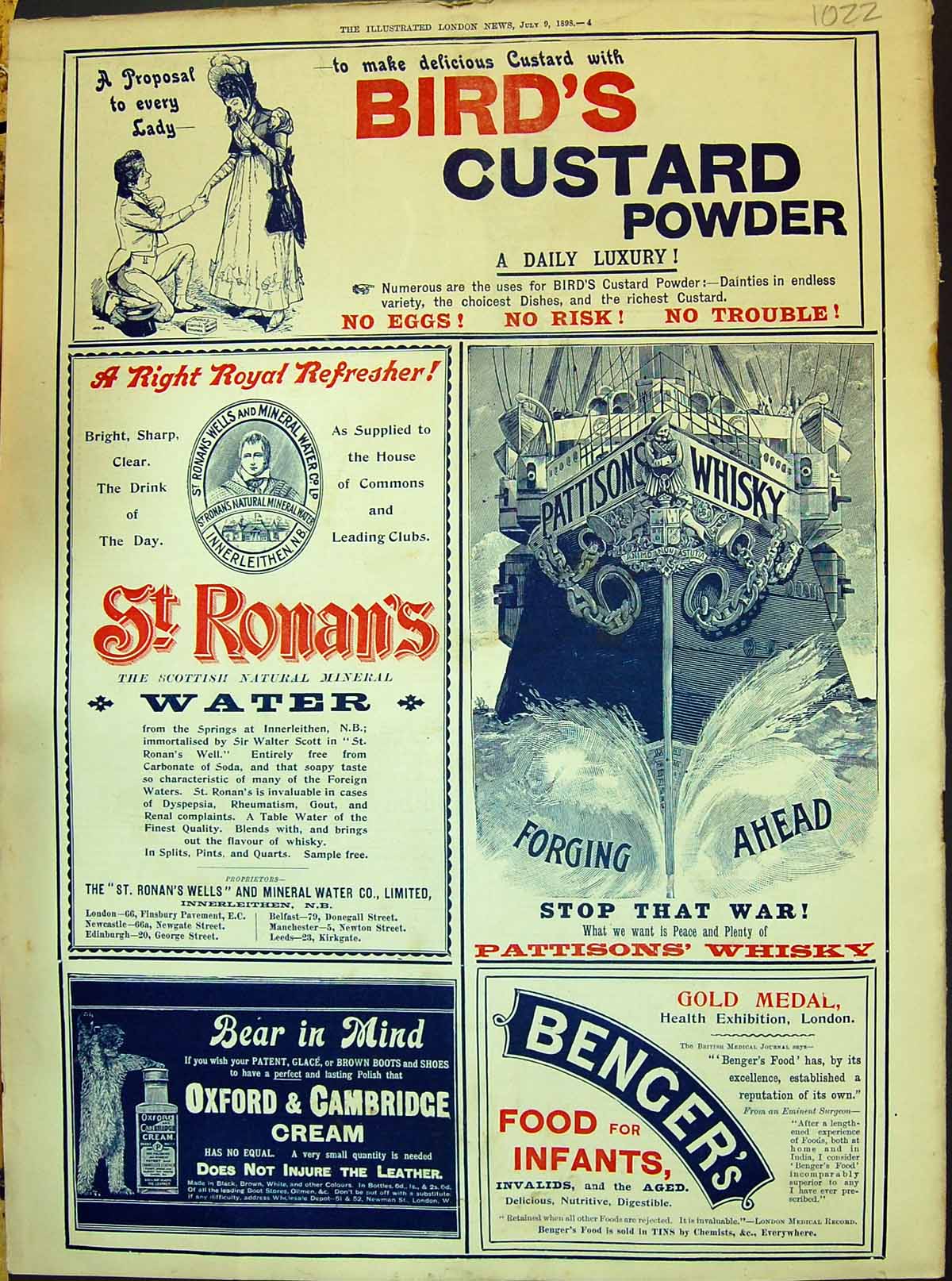 Old 1898 Advertisement Birds Custard Ronans Water Bengers Food Infant 19th
