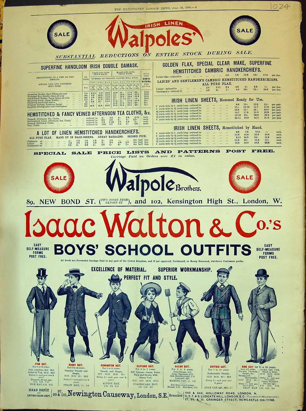 Antique Old Print 1898 Walpoles Isaac Walton Boys School Outfits Newington