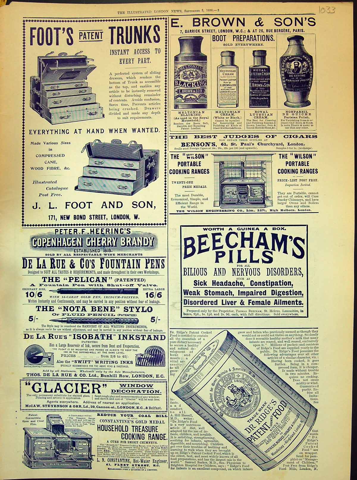 Old Print 1898 Foot'S Trunks Brown Boot Beechams Pills Ridge Food Brandy 19th