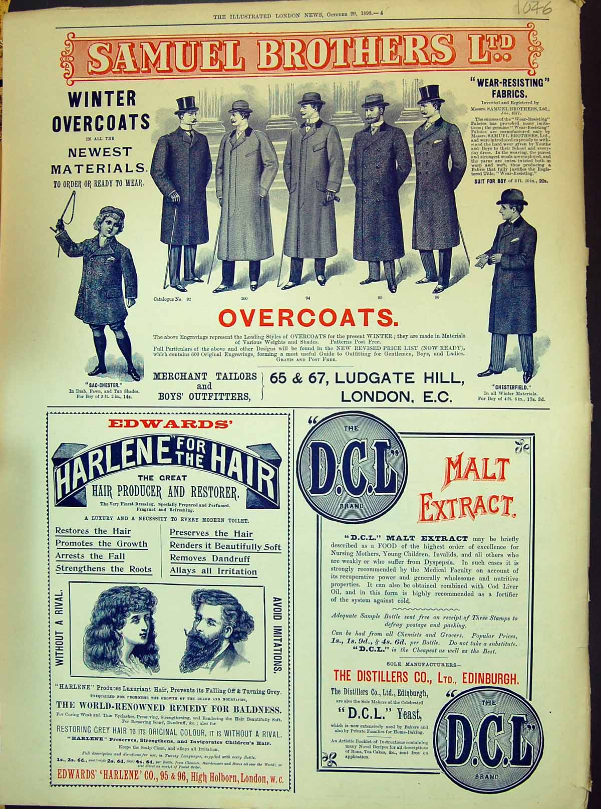 Old Print 1898 Samuel Brothers Edwards Harlene Hair D.C.L. Malt Extract 19th