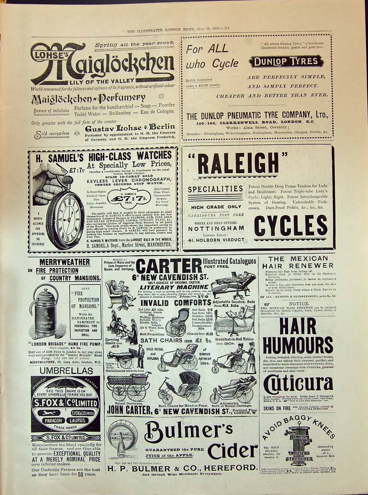 Old Print 1898 Maiglockechen Perfumery Carter Bulmer Cider Raleigh Cycles 19th