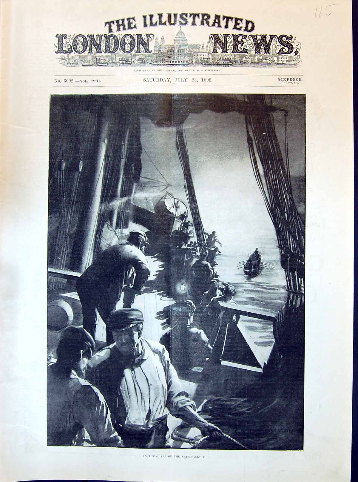 Original Old Antique Print 1898 Ship Search Light Boat Sea Life-Boat Rescue