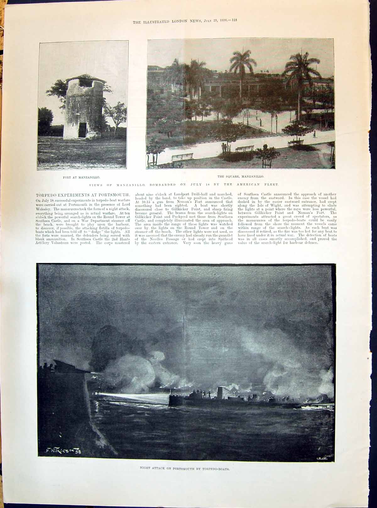 Original Old Antique Print 1898 Torpedo Experiments Portsmouth Manzanillo Fort