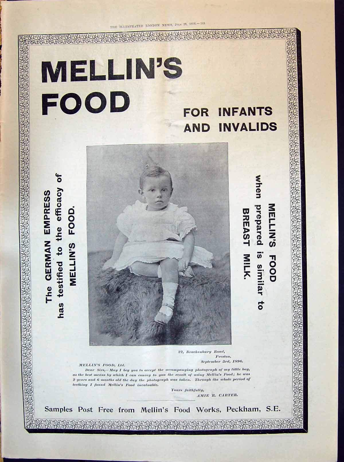 Old 1898 Advertisement Mellins Food Infant Invalids Works Peckham Bab Victorian