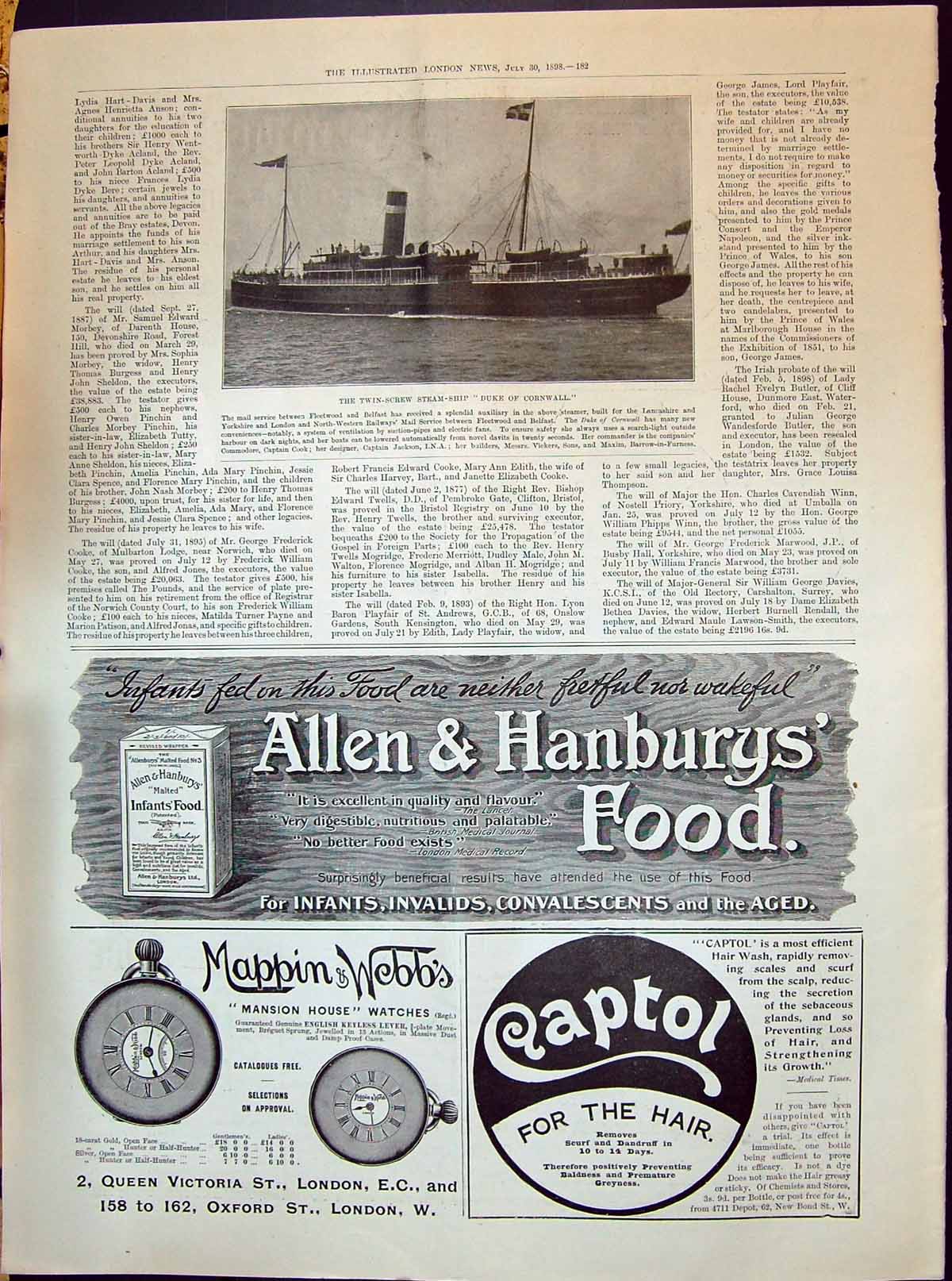 Old 1898 Twin-Screw Steam Ship Duke Cornwall Allen Hanbury Food Mappi Victorian