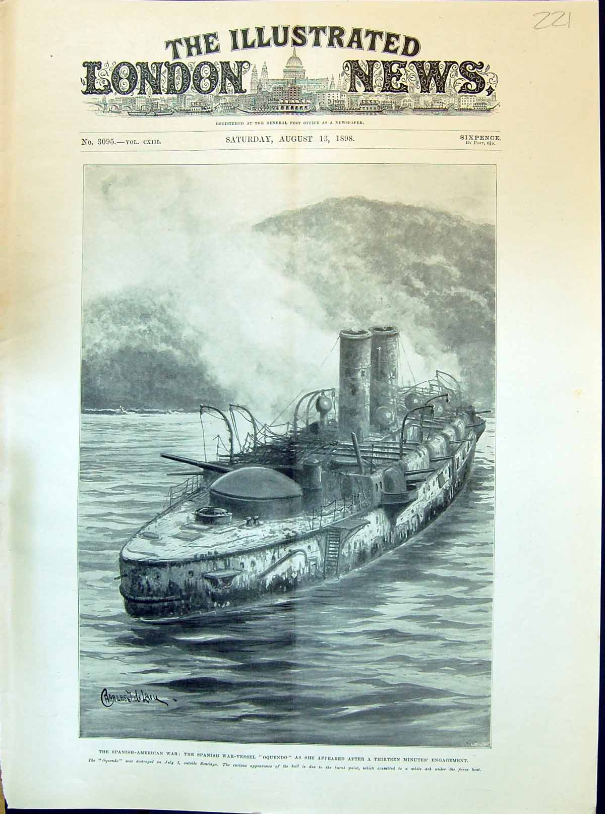 Original Old Antique Print 1898 Spanish-American War War-Vessel Ship Oquendo