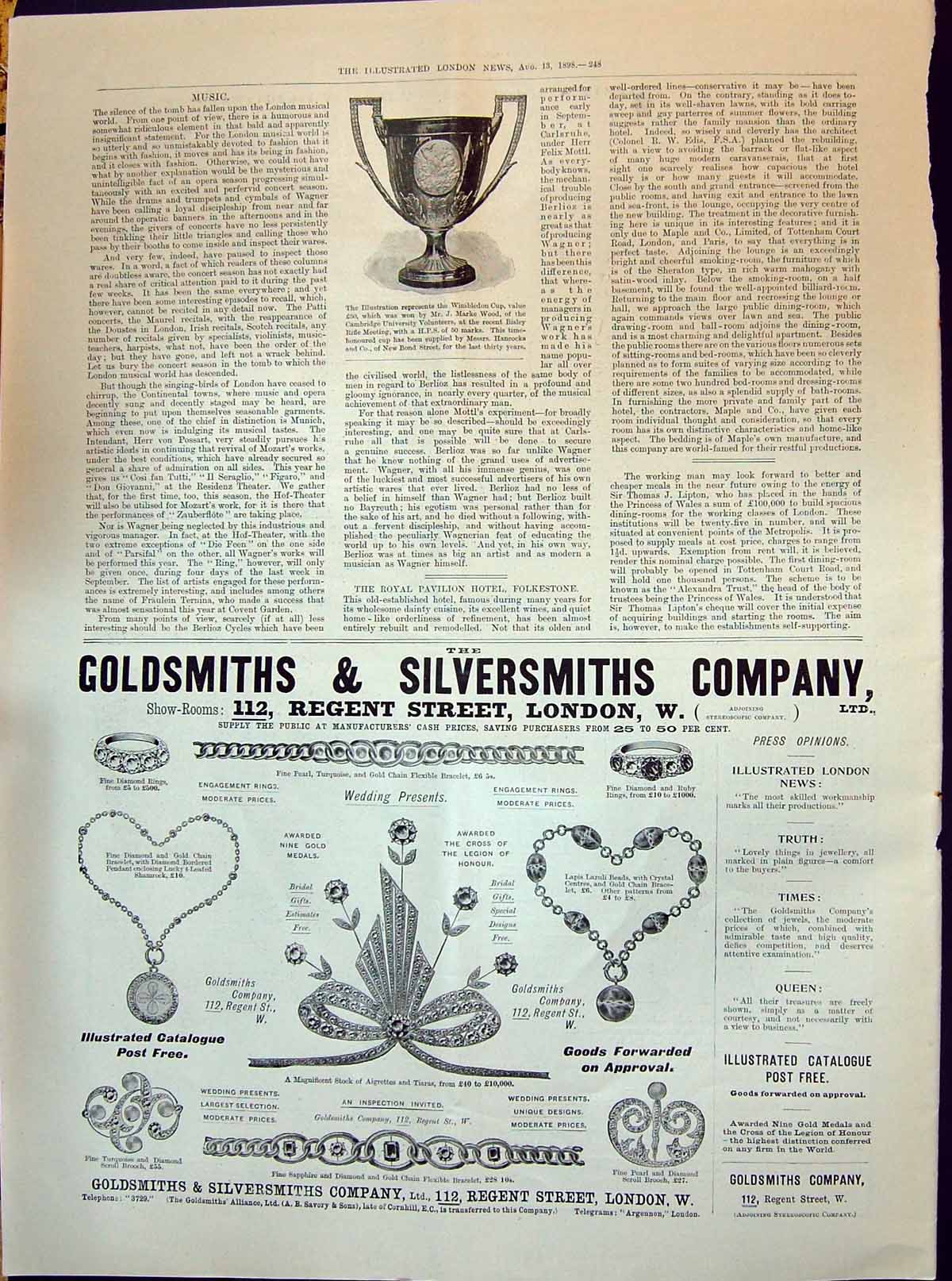 Antique Old Print 1898 Wimbledon Cup Marke Wood Gsmith Silversmith Jewellery