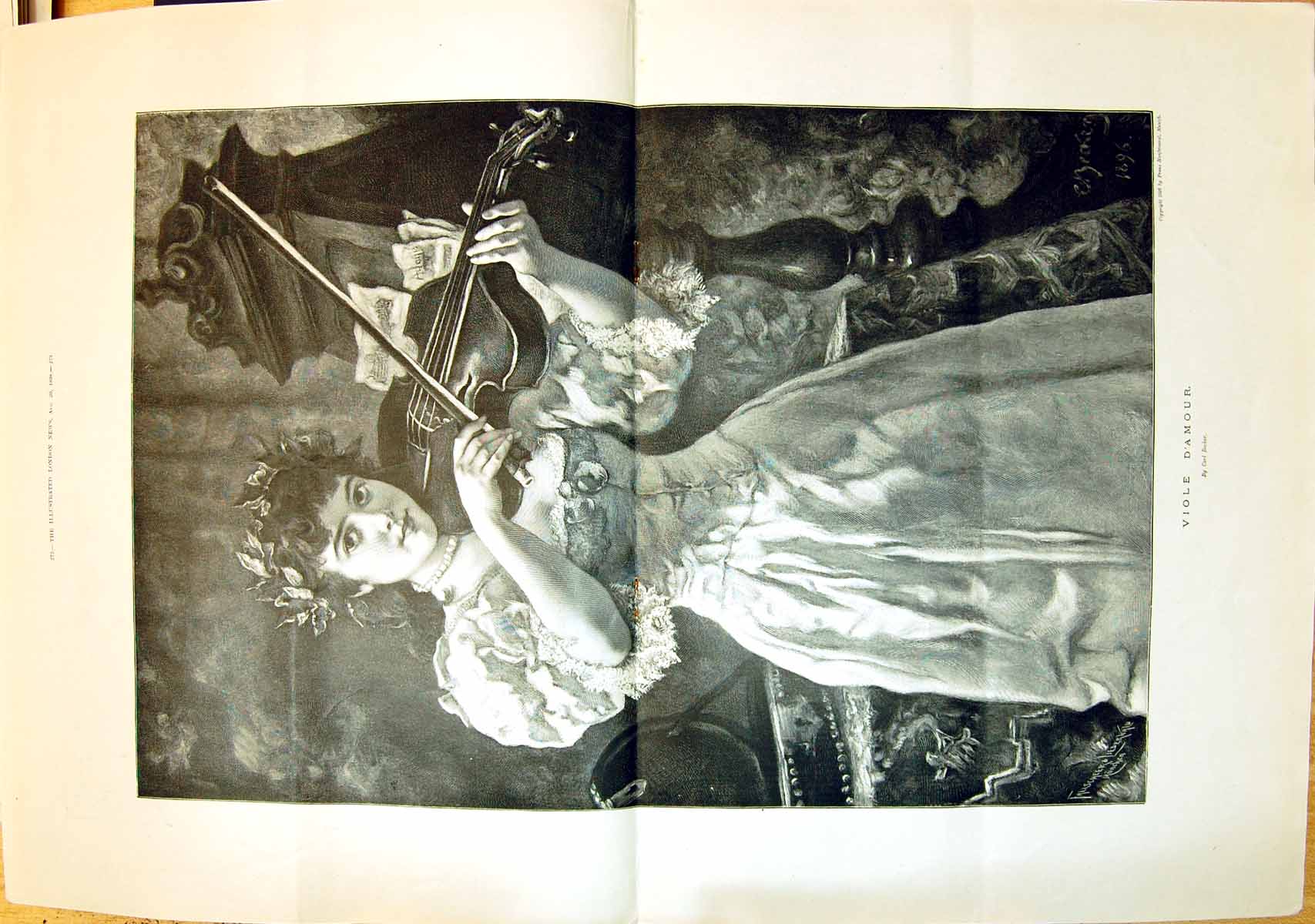 Old Antique Print 1898 Viole D'Amour Beautiful Woman Music Violin Becker 19th