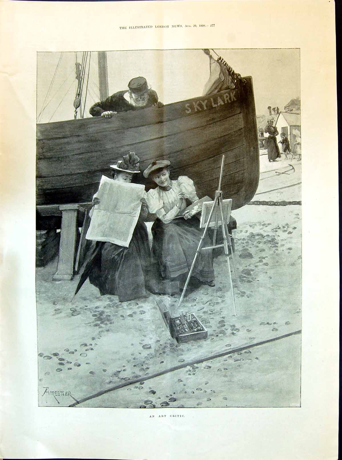 Old 1898 Art Critic Ladies Painting Fisherman Ladies Fashion Crepe-De Victorian