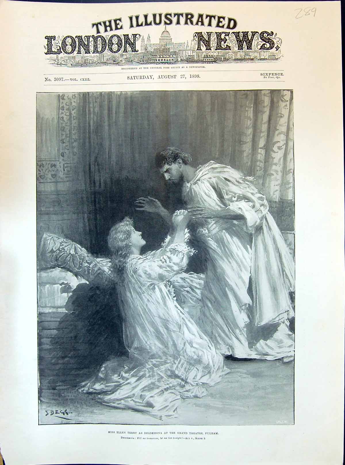 Old Antique Print 1898 Scene Ellen Terry Desdemona Grand Theatre Fulham 19th