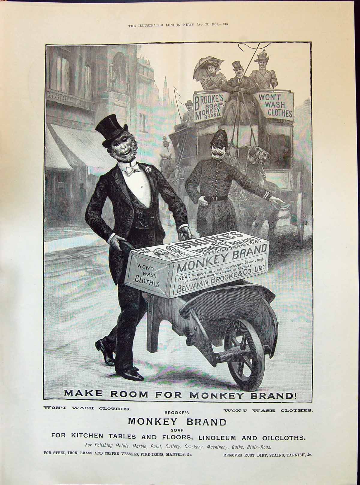Old Print 1898 Brooke'S Monkey Brand Soap Rhodesian Shield Oskley Gsmith 19th
