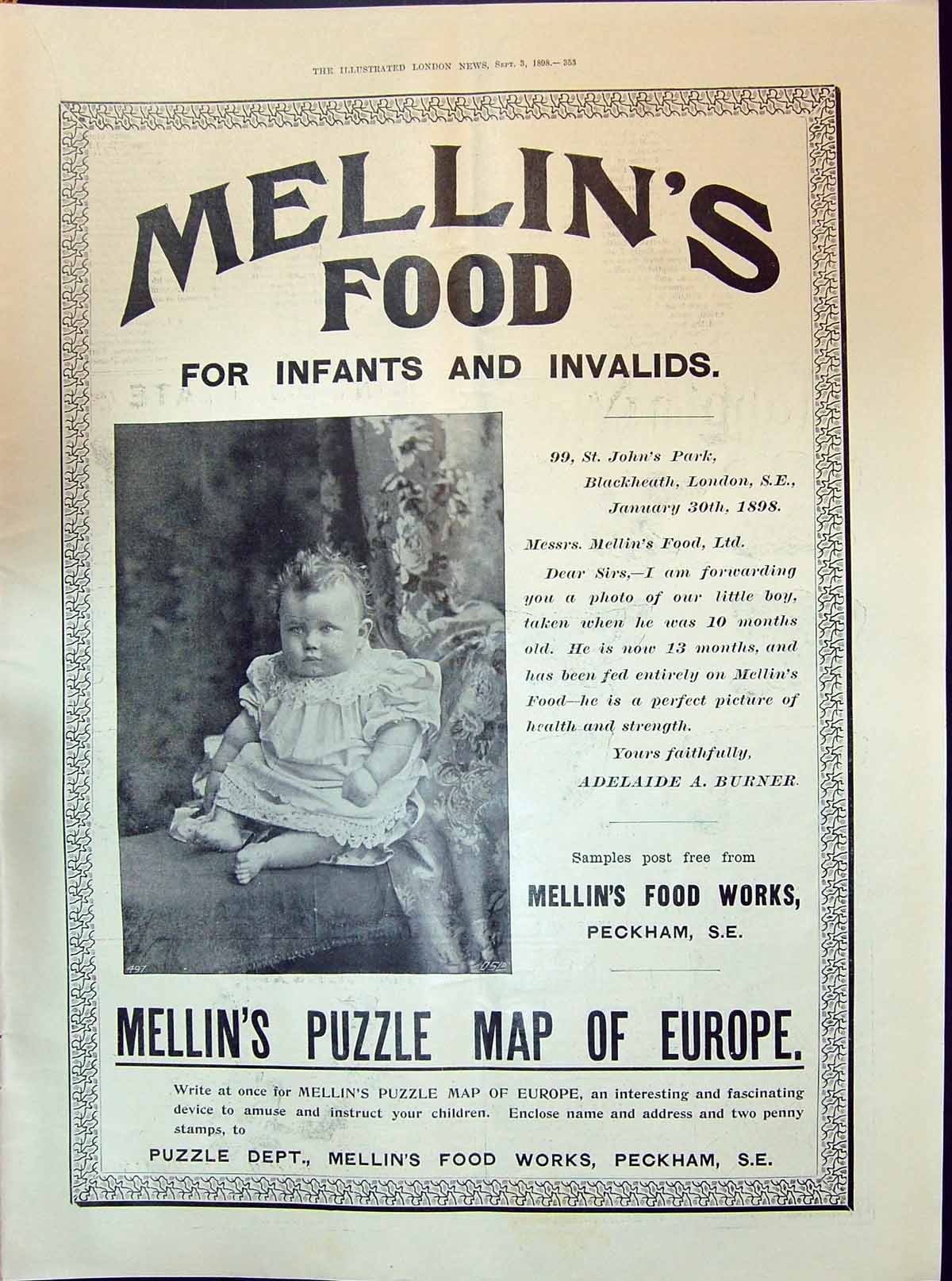 Antique Old Print 1898 Advertisement Mellins Food Infants Invalids Peckham 19th