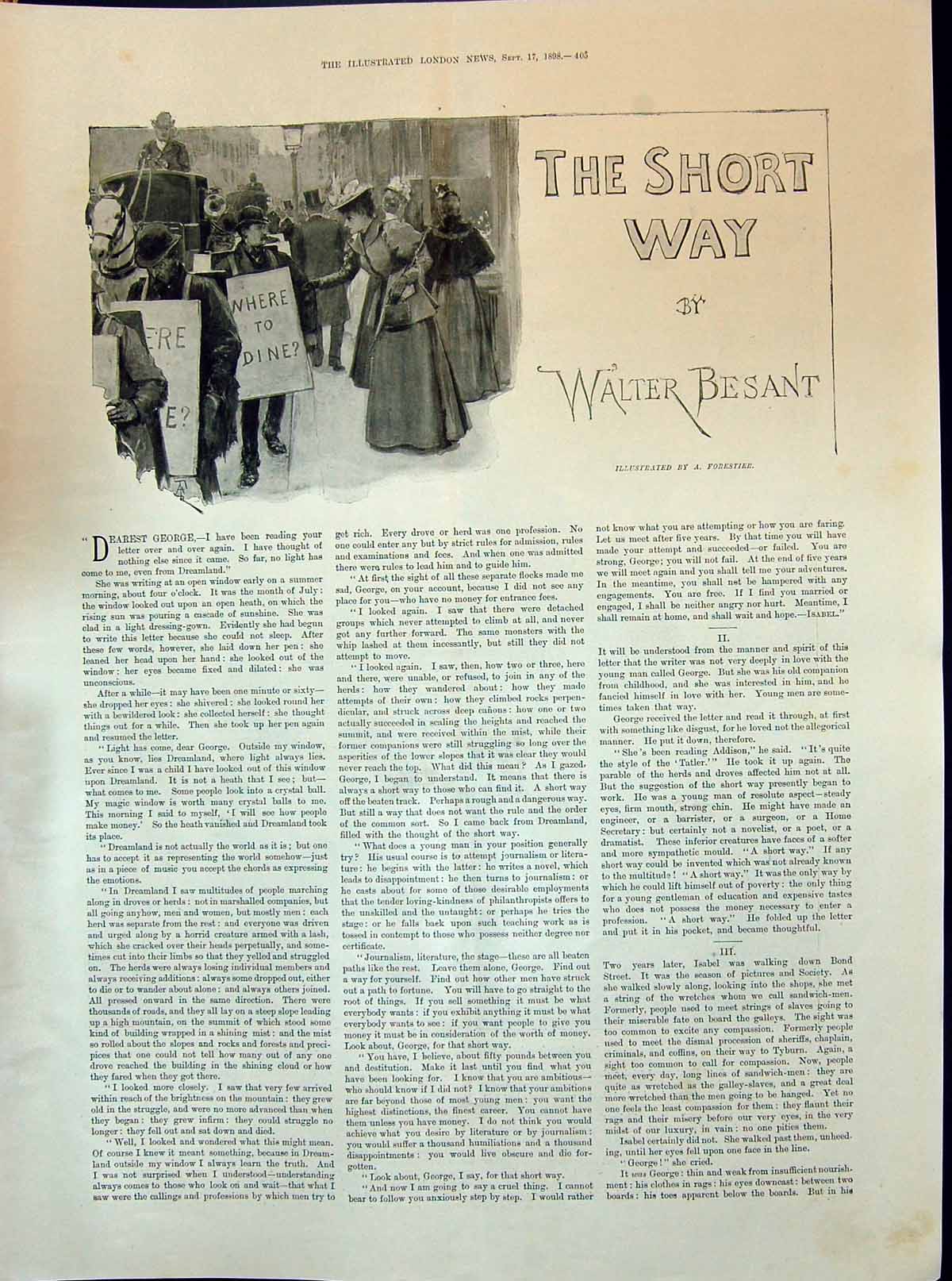 Antique Old Print 1898 Story Illustration Short Way Walter Beasant Forestier