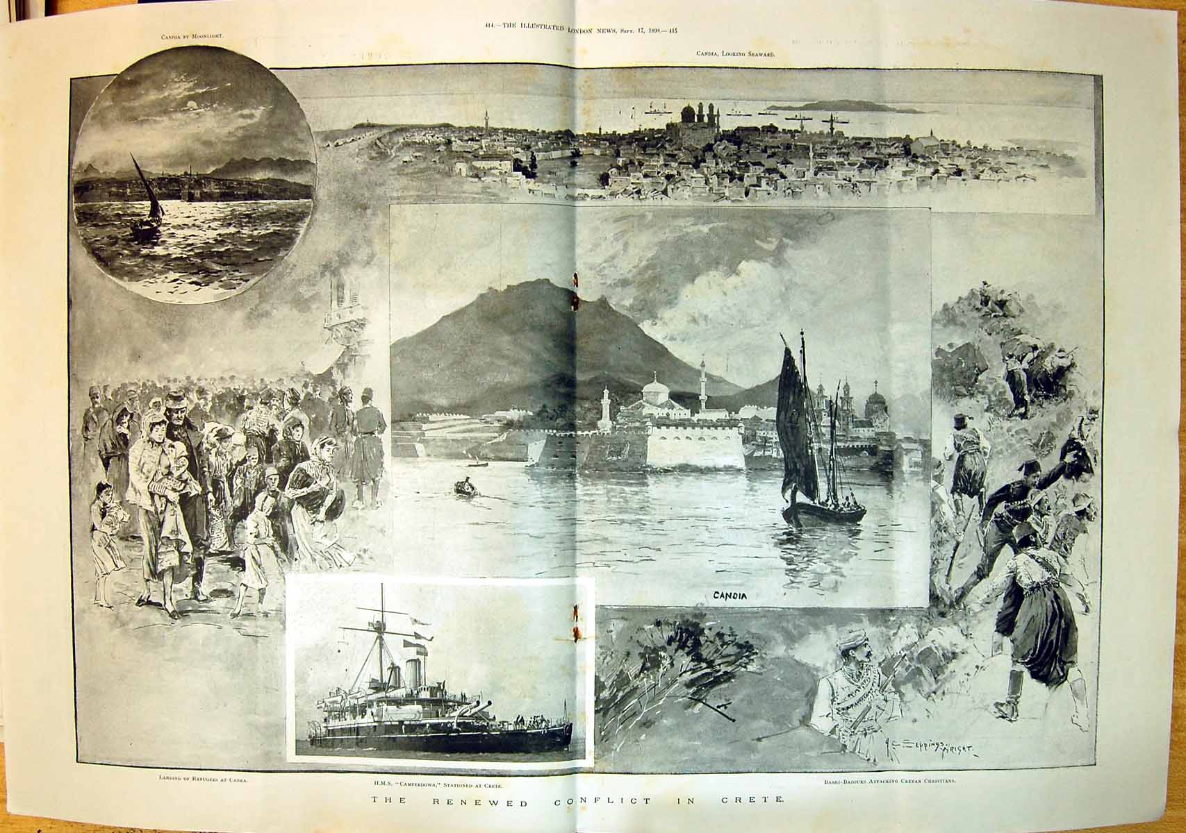 Old 1898 Crete Candia Landing Ships Canea Bashi-Bazouks Cretan Christ 19th