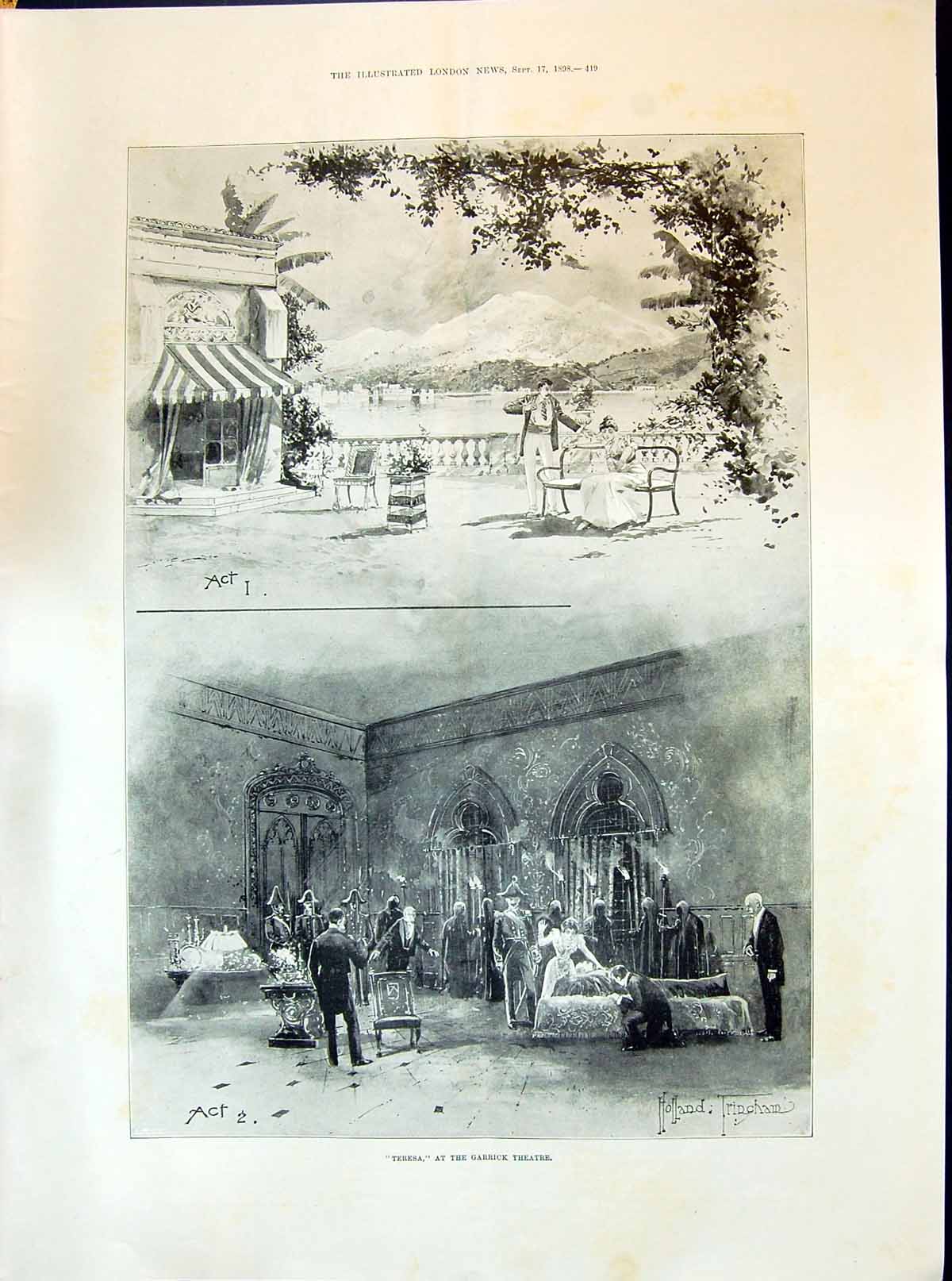 Original Old Antique Print 1898 Scene Teresa Garrick Theatre Actors Holland