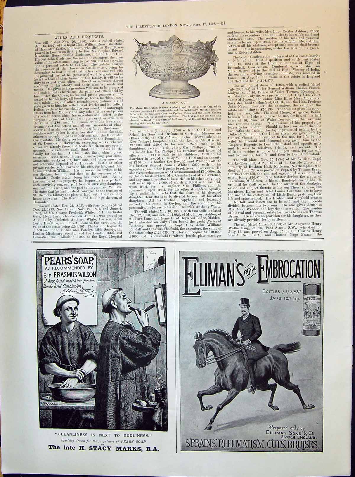 Old Print 1898 Cycling Cup Mellins Pears Soap Ellimans Royal Embrocation 19th