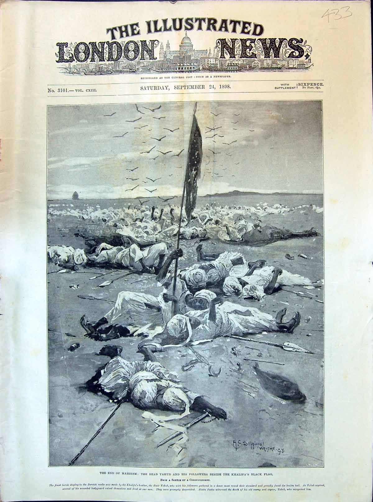 Antique Old Print 1898 End Mahdism Dead Yakub Followers Khalifa Black Flag 19th