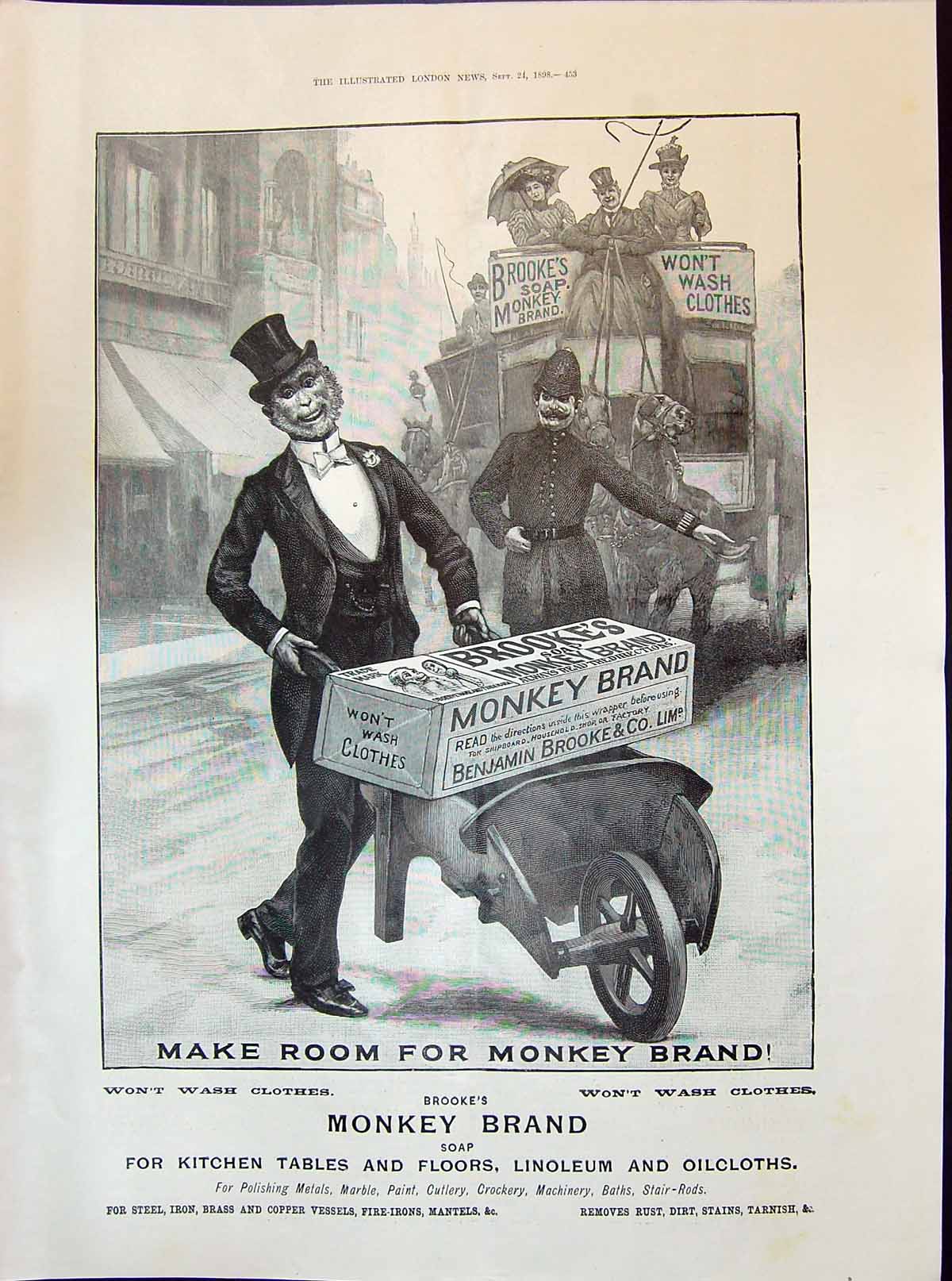 Old Print 1898 Monkey Brand Washing Soap Ladies Fashion Velvet Gown Coat 19th