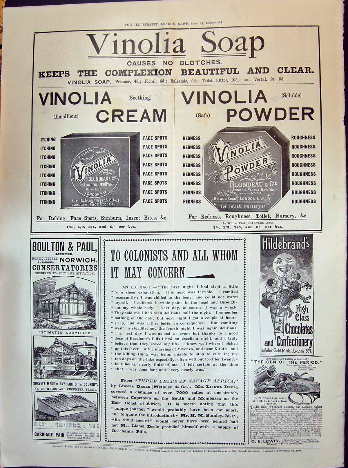 Old 1898 Vinolia Soap Cream Powder Boulton Paul Hildebrands Lewis Gun Victorian
