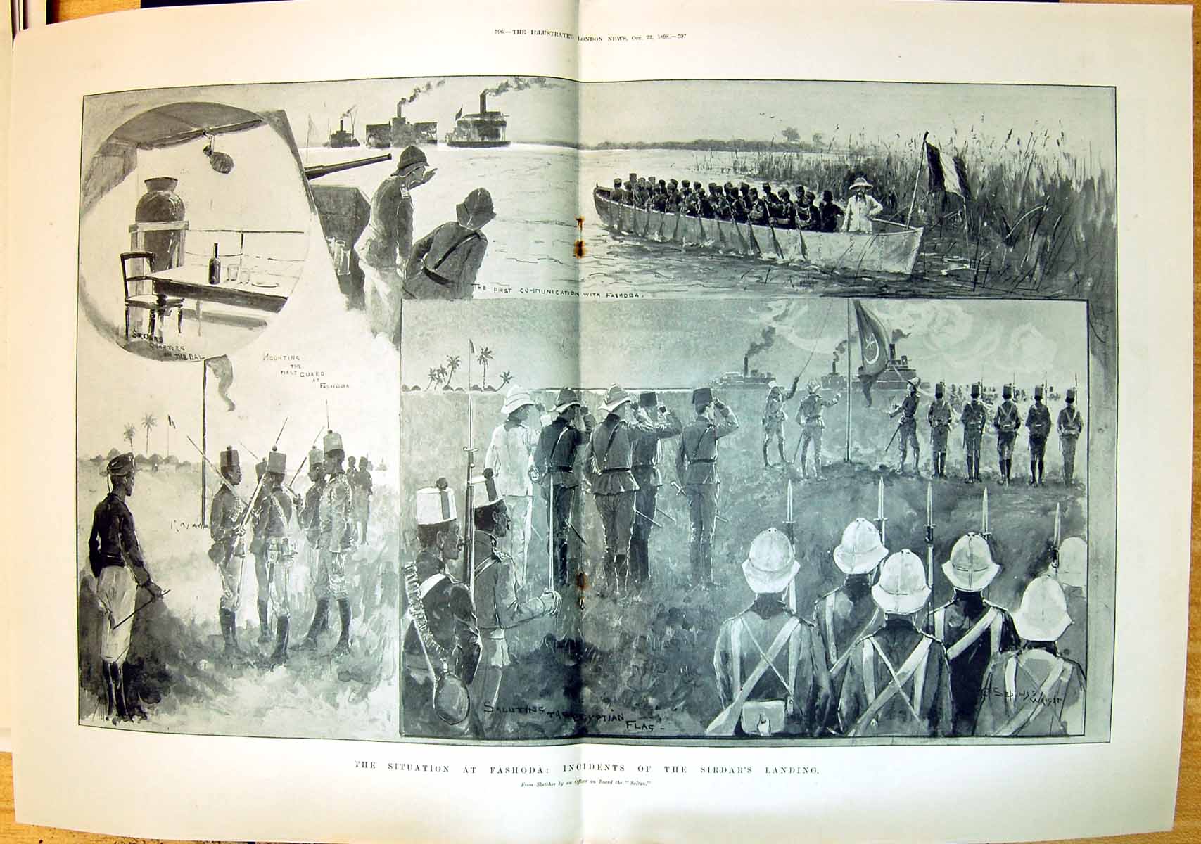 Old 1898 Fashoda Sirdar Landing Ship Scene Saluting Egyptian Flag Ste 19th
