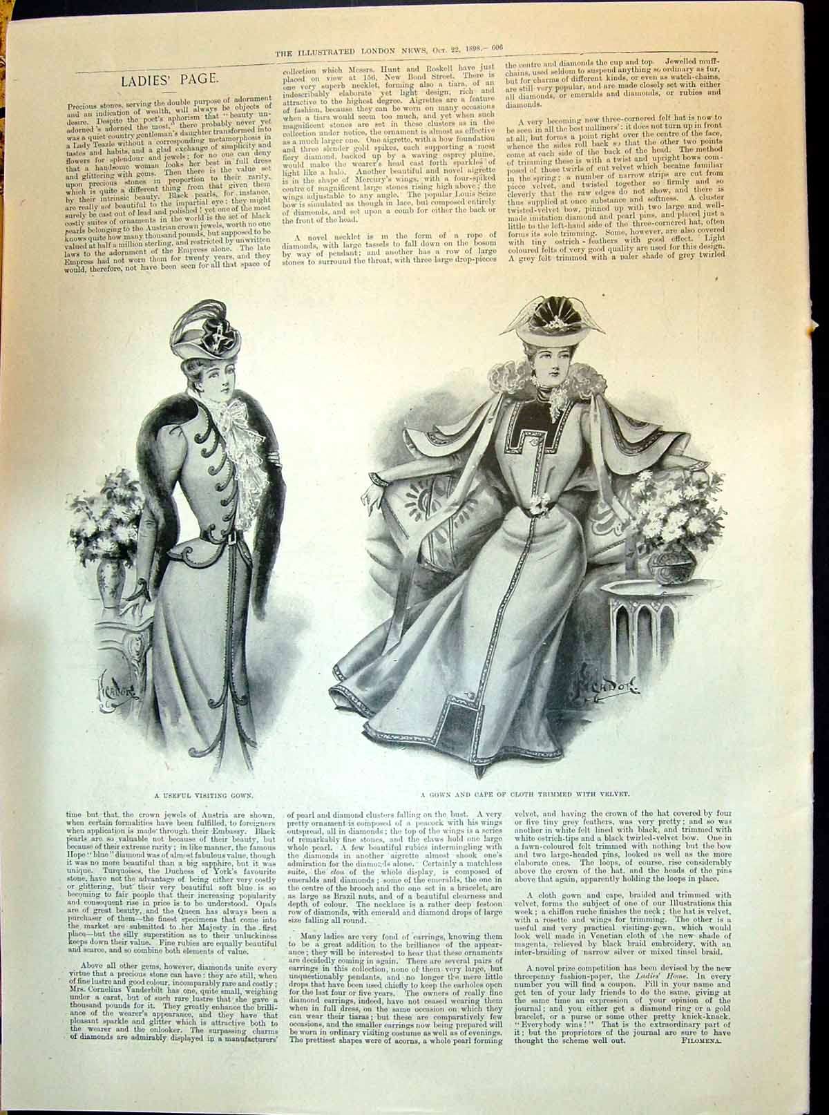 Old 1898 Ladies Fashion Visiting Gown Cape Cloth Trimmed Velvet Dress Victorian